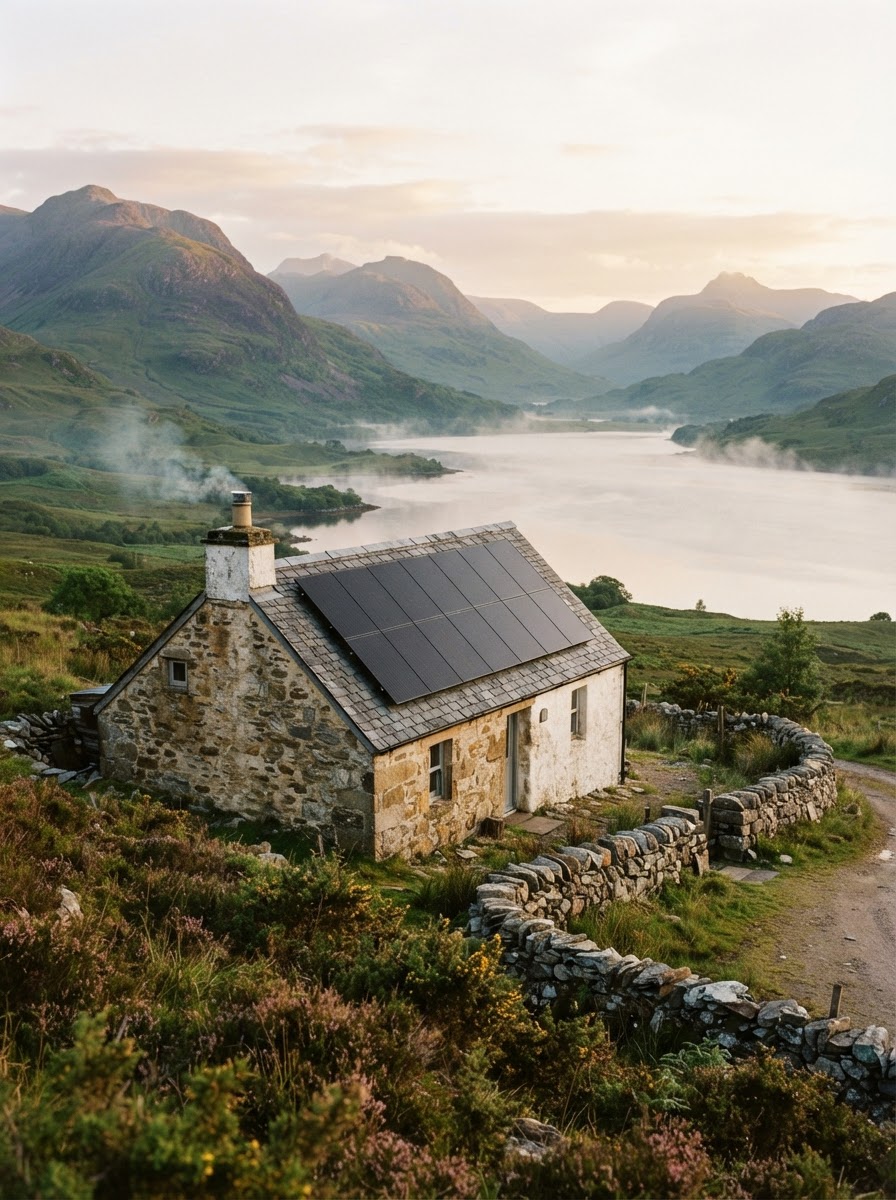 Solar panels on a stone cottage roof overlooking a Highland loch